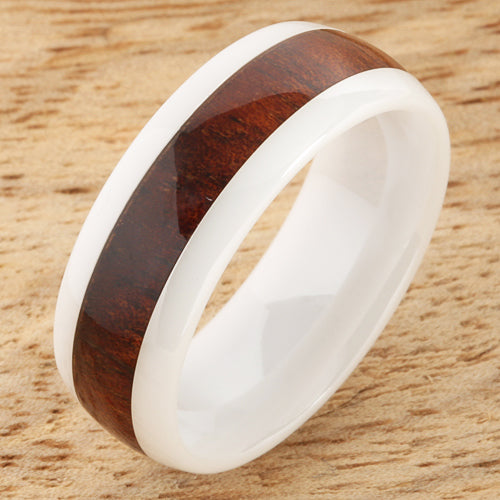8mm Natural Hawaiian Koa Wood Inlaid High Tech White Ceramic Oval Wedding Ring
