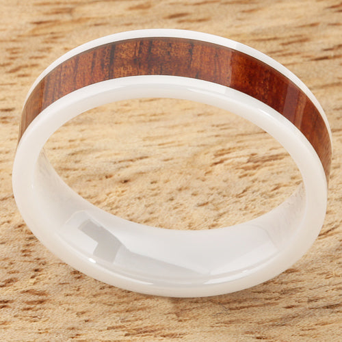 6mm Natural Hawaiian Koa Wood Inlaid High Tech White Ceramic Flat Wedding Ring
