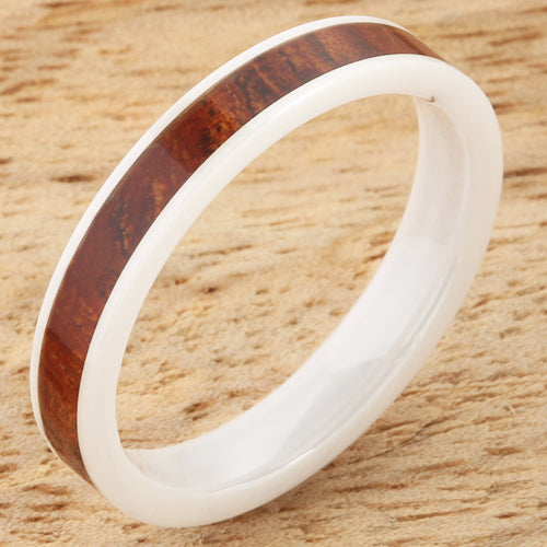 4mm Natural Hawaiian Koa Wood Inlaid High Tech White Ceramic Flat Wedding Ring