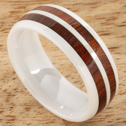 8mm Natural Hawaiian Koa Wood Inlaid High Tech White Ceramic Double Row Wedding Ring