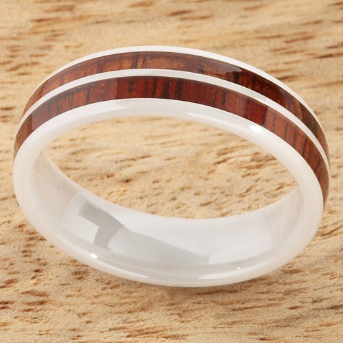 6mm Natural Hawaiian Koa Wood Inlaid High Tech White Ceramic Double Row Wedding Ring