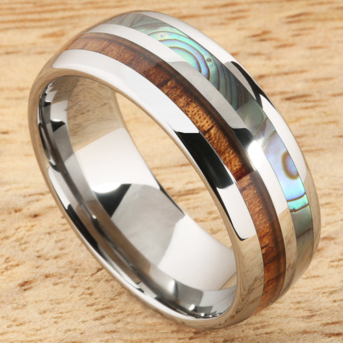 Koa Wood Abalone Tungsten Two Tone Mens Wedding Ring Half Wood/Shell 8mm Barrel Shape Hawaiian Ring