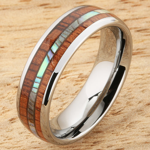 Tungsten Carbide Natural Koa Wood and Abalone Triple Row Oval