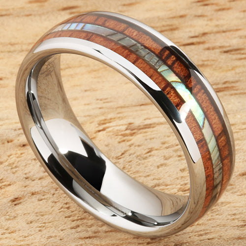 Tungsten Carbide Natural Koa Wood and Abalone Triple Row Oval Wedding Ring  6mm
