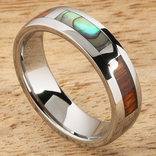 6mm Natural Hawaiian Koa Wood and Abalone Inlaid Tungsten Block Wedding Ring