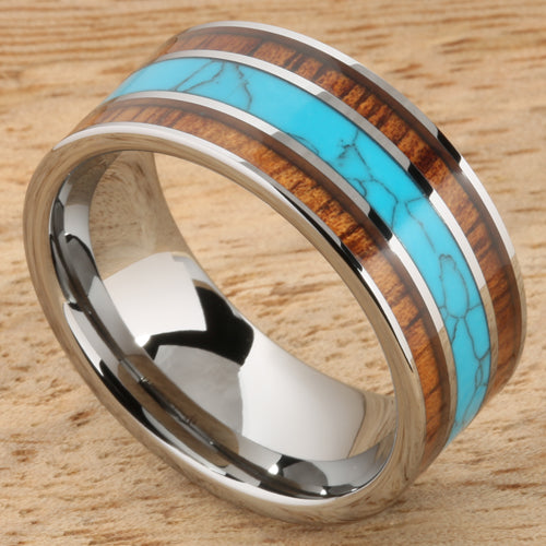 Koa Wood Turquoise Wedding Ring Flat Mens Ring 10mm Flat Shape Hawaiian Ring