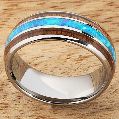 Koa Wood Opal Tungsten Wedding Ring 8mm Triple Row Men's Ring