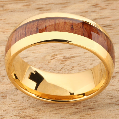 8mm Natural Hawaiian Koa Wood Inlaid Tungsten Oval Wedding Ring Yellow Gold Plated