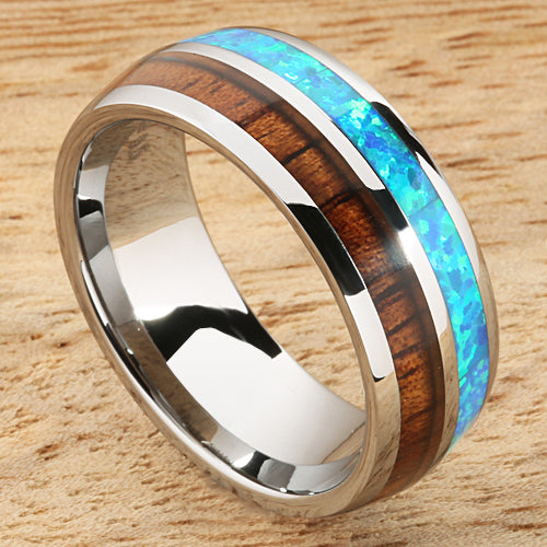 Opal Koa wood Ring Tungsten Two Tone Mens Wedding Ring Half Wood/Opal 8mm Barrel Shape Hawaiian Ring
