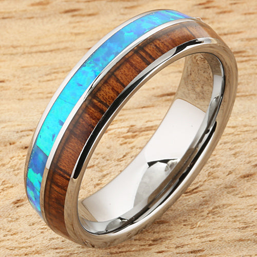 Koa Wood Opal Tungsten Two Tone Wedding Ring Half Wood/Opal 6mm Barrel Shape Hawaiian Ring
