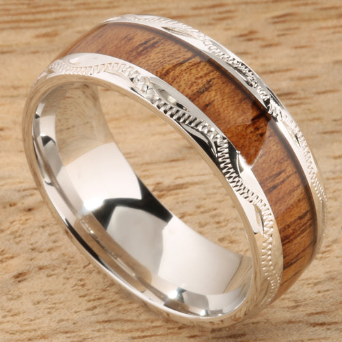 Sterling Silver Koa Wood Wedding Ring Hand-made Scroll Engraving 8mm