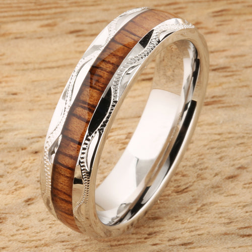 Sterling Silver Koa Wood Wedding Ring Hand-made Scroll Engraving 6mm