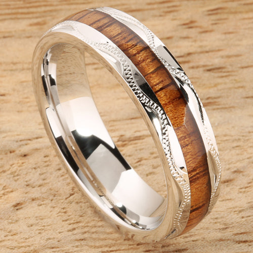Sterling Silver Koa Wood Wedding Ring Hand-made Scroll Engraving 6mm