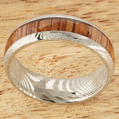 Damascus Steel Koa Wood Inlay Wedding Ring 6mm