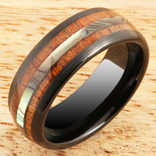 Koa Wood Abalone Tungsten Two Tone Wedding Ring Central Abalone 8mm