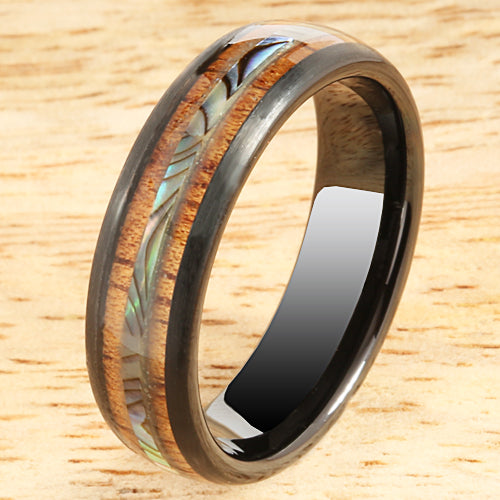 Koa Wood Abalone Tungsten Wedding Ring Central Abalone 6mm Barrel Shape Hawaiian Ring