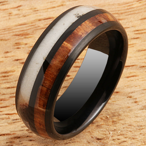 Koa Wood Antler Tungsten Two Tone Wedding Ring 8mm