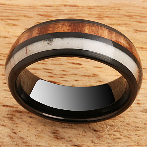 Koa Wood Antler Tungsten Two Tone Wedding Ring 8mm