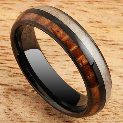 Koa Wood Antler Tungsten Wedding Ring 6mm Barrel Shape Hawaiian Ring