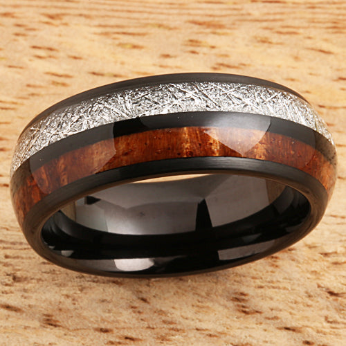 Koa Wood Meteorite Tungsten Two Tone Wedding Ring 8mm