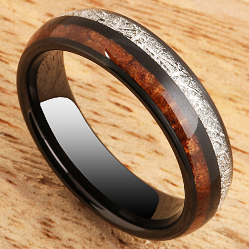 Koa Wood Meteorite Tungsten Wedding Ring 6mm Barrel Shape Hawaiian Ring