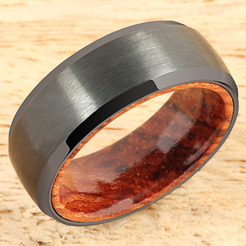 Black Tungsten Koa Wood Double Ring Brush Finished Beveled Edge 8mm - Nakoa Jeweler