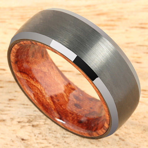 Black Tungsten Koa Wood Double Ring Brush Finished Beveled Edge 8mm - Nakoa Jeweler