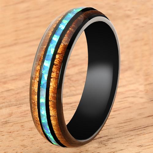 Black Tungsten Opal Koa Wood Ring Barrel Shape 6mm Band - Hanalei Jeweler